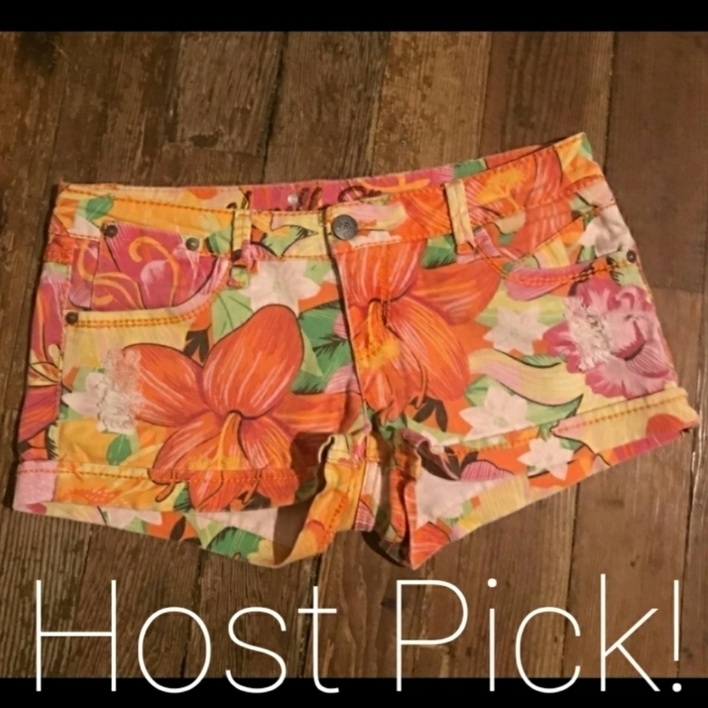 Vanilla Sky Hawaiian Floral Denim Jean Shorts Multicolored Women's Size 0 EUC